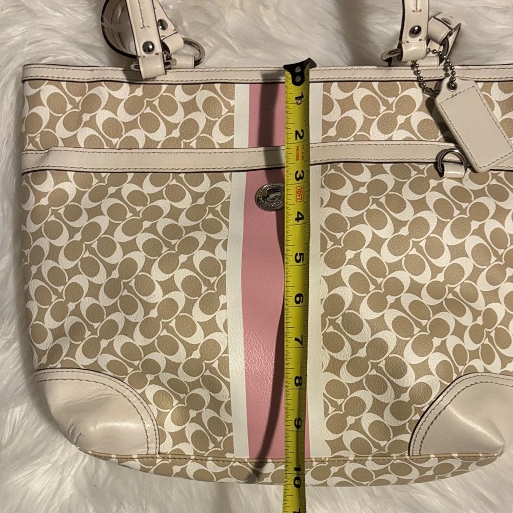 Coach Tan and Pink Heritage Stripe Signature Tote - Picture 5 of 10